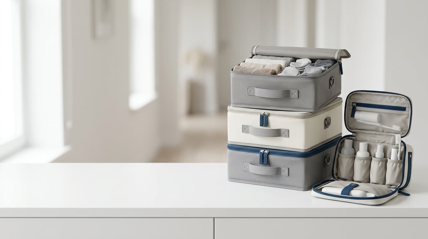 Storage boxes and travel toiletry bag ready for home and trips