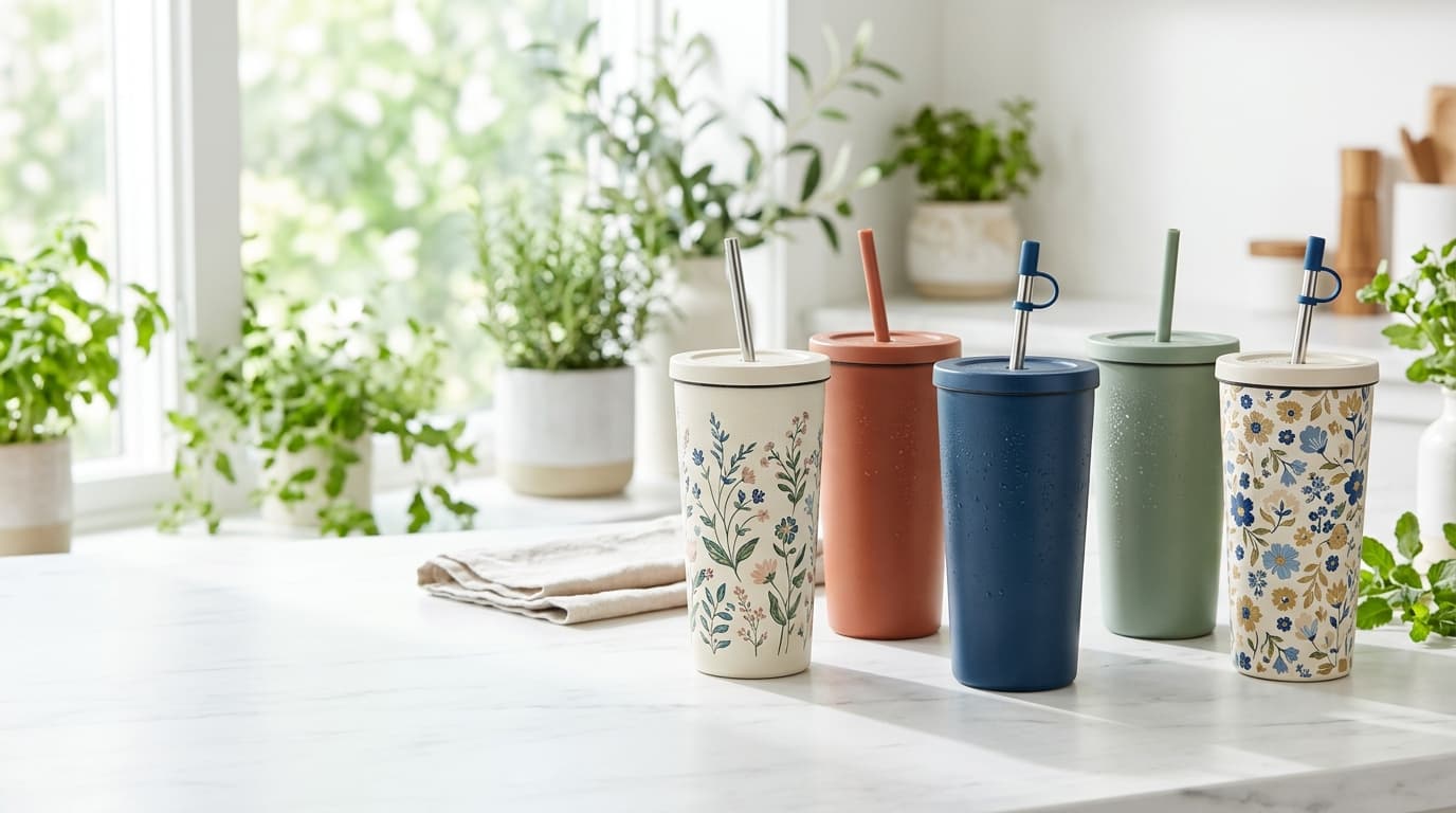 Insulated tumblers on a sunlit kitchen counter