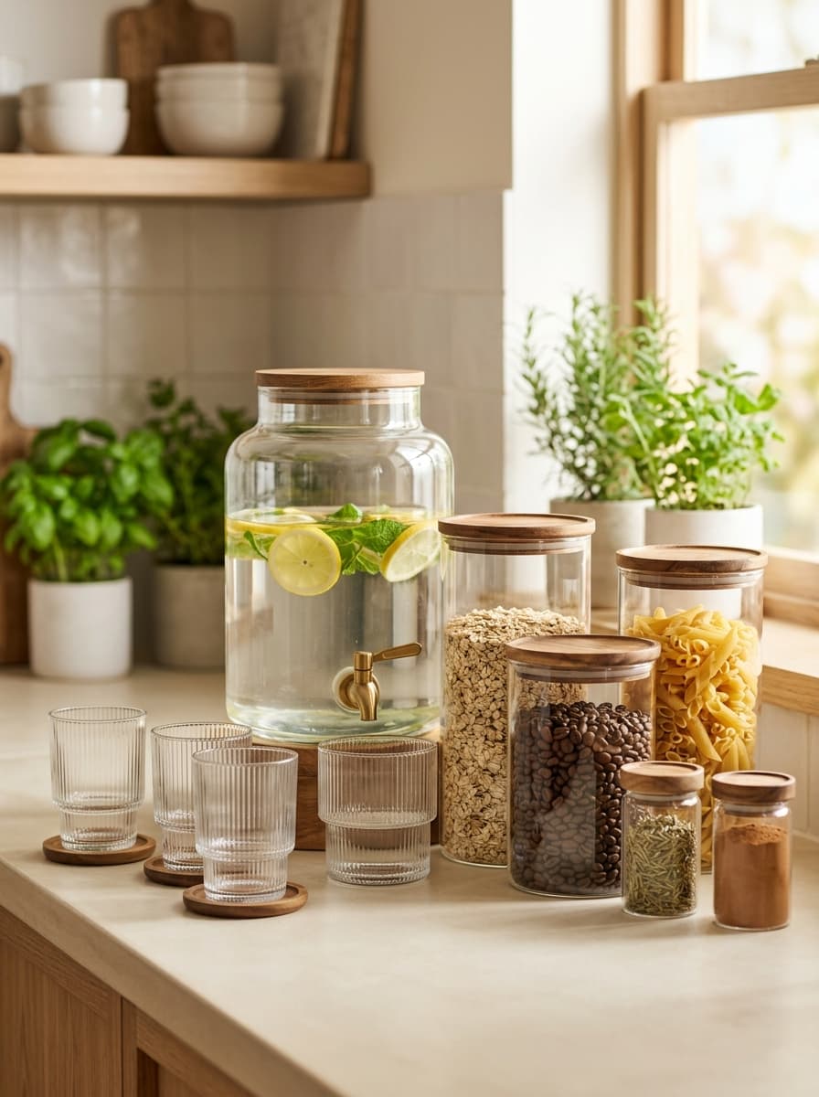 Kitchen beverage dispensers and food storage