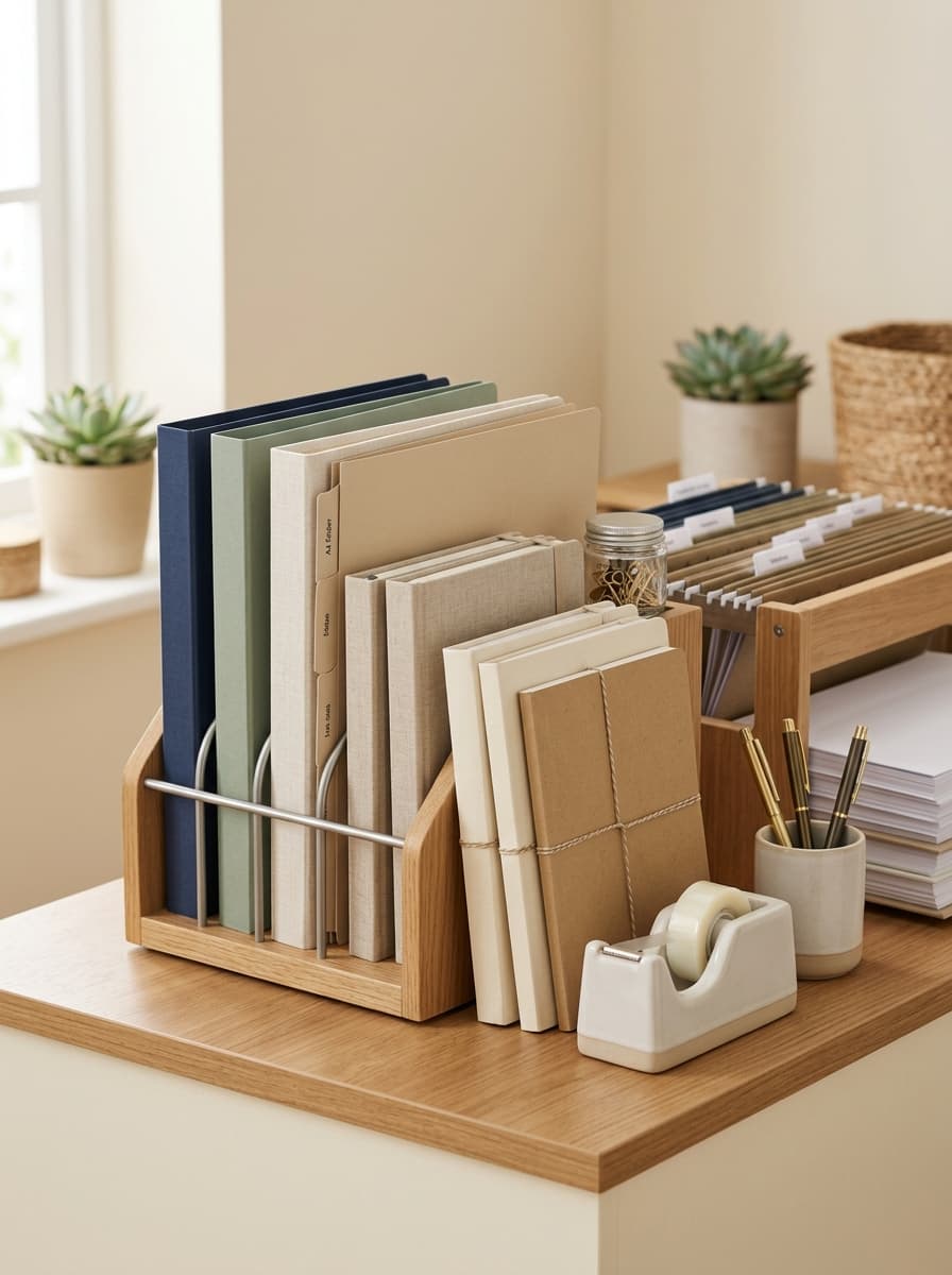 Office paper files and desk supplies