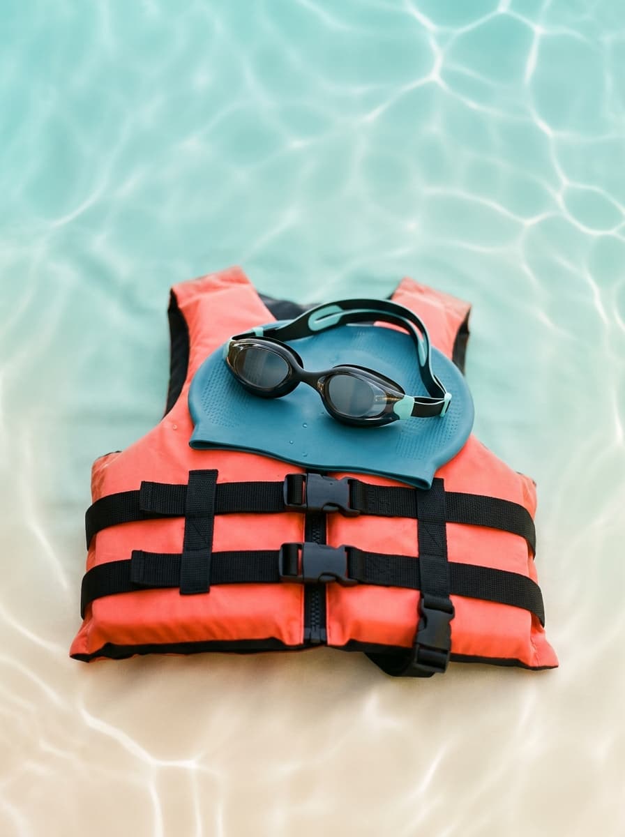 Swimming goggles caps and life jackets