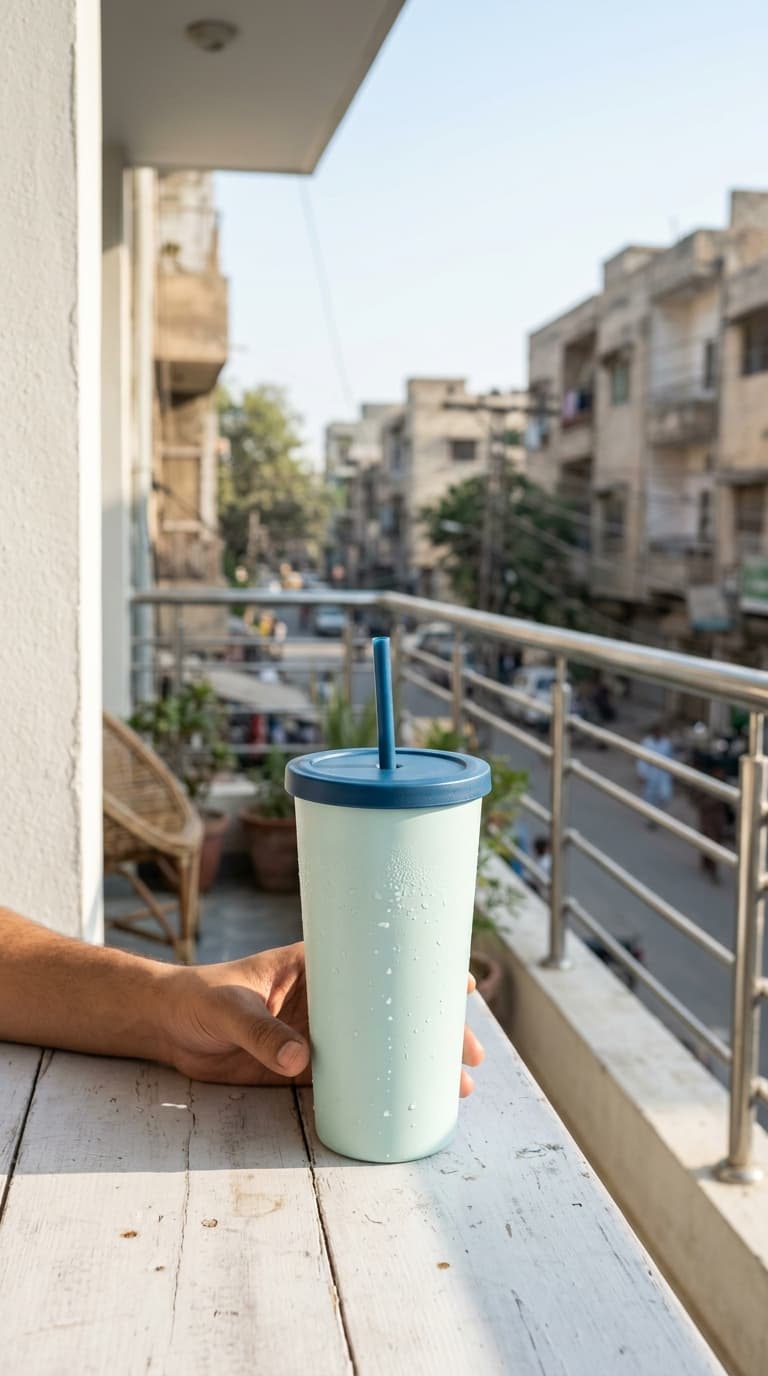 Tumbler styled on a balcony