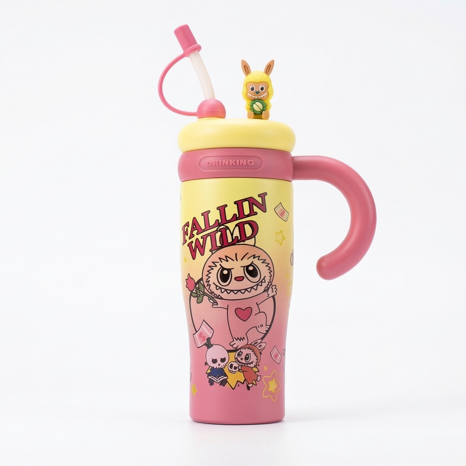 Pink Yellow Stainless Steel Labubu Tumbler – Insulated Travel Cup